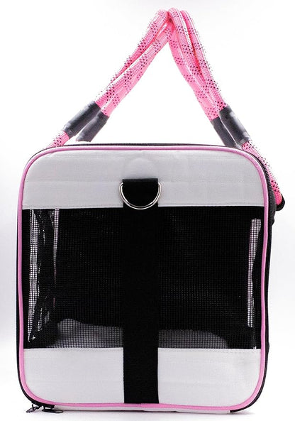 Buddy's Best Airline Approved Pet Carrier – White & Pink Heavy Duty, Fits Under Seat, TSA Compliant, Ventilated Mesh Design w/Waterproof Base & Reflective Safety Strips