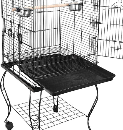 SUPER DEAL 63.5'' Rolling Bird Cage Large Wrought Iron Cage for Cockatiel Sun Conure Parakeet Finch Budgie Lovebird Canary Medium Pet House with Rolling Stand & Storage Shelf