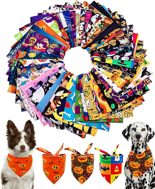 PET SHOW 50 Pack Halloween Big Dog Bandanas Bulk XL Washable Triangle Bibs for Medium Large Dogs Girl Boy Ghost Pumpkin Kerchief Set Pet Scarves Holiday Grooming Accessories