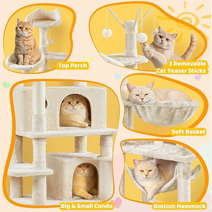 Yaheetech Cat Tree, 67in Large Tower w/ 3 Removable Teaser Sticks, 2 Kitten-Ear Shaped Perches, 2 Condos, Hammock, Scratching Post, Multi Level Pet House, Beige