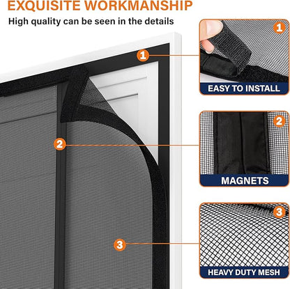Double Door Fiberglass Magnetic Screen Door，Screen Door Mesh，Keep Bugs Out, Heavy-Duty Mesh Curtain,Pet and Kid Friendly, Works with Front Doors, Sliding Doors（72x80 Inch
