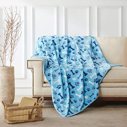 Allisandro Luxurious Dog Blanket, 350 GSM Super Fuzzy Microplush Fleece Pet Blankets for Small Medium Large Dogs and Cats, Blue Paw and Bone, 64" x 40"