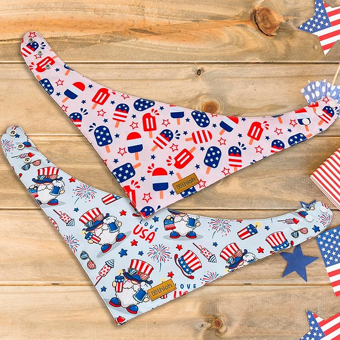 4th of July Dog Bandanas with Snap Button, 2 Pack American Flag Pet Scarf for Boy & Girl, Premium Durable Fabric, Adjustable Fit, Patriotic Bandana for Large and Extra Large Dogs (X-Large)