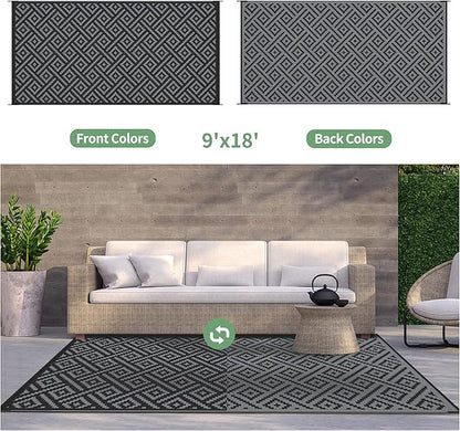 GENIMO Outdoor Rug for Patio Clearance,9'x18' Waterproof Mat,Reversible Plastic Camping Rugs,Rv,Porch,Deck,Camper,Balcony,Backyard,Black & Gray