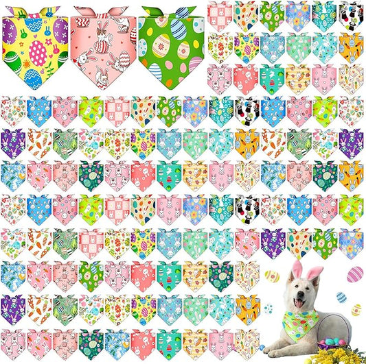 Sanwuta 120 Pcs Easter Dog Bandanas Bulk Rabbits Patterns Bandanas for Dogs Easter Eggs Adjustable Washable Pet Triangle Scarf for Small and Medium Dogs, 30 Styles