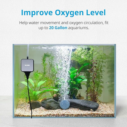 NICREW Nano Silent Aquarium Air Pump Black, Aquarium Aerator with Accessories for UP to 20 Gallon Fish Tank, Super Quiet, 0.6 L/min, 1.5 Watts