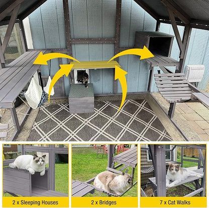 Aivituvin Extra Large Catio Outdoor Cat Enclosure Window Design for 10-20 Cats, 74"H Walk-In Patio Cat House with 4 Access Doors, Waterproof Roof, Spacious Kitty Cage for Multiple Indoor Outdoor Cats