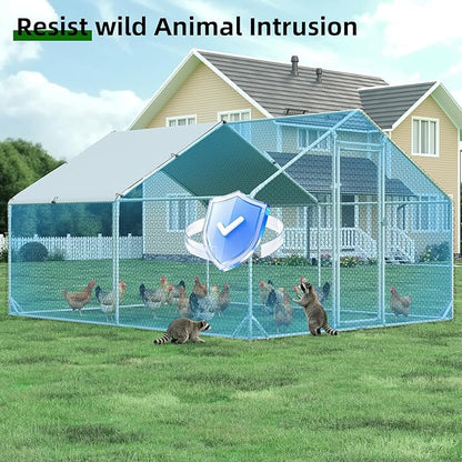 4ever2buy Large Metal Chicken Coop with Run Walk-in Poultry Cage Chicken Runs House Pen Cage Spire Roofed Chicken Coops with Anti-Ultraviolet Cover for Outdoor Yard Farm Use 9.8’L x 13.1’W x 6.4’H