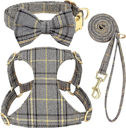 Beirui Cute Extra Small Dog Harness Collar and Leash Set with Bowtie, Soft Adjustable Plaid Puppy Harness for Small Sized Dogs Cats Walks Parties and Photoshoots(Gray,XS:Chest 13-18")