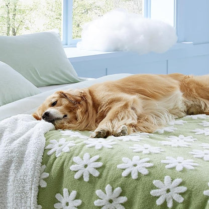 LE SURE Waterproof Dog Blanket for Large Dogs - Washable Double Sided Dog Blankets with Warm Jacquard Shag and Soft Sherpa Fleece, Pet Cat Blanket for King Bed Protection, 3D Textured Flower, Green