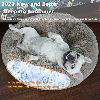 Calming Donut Dogs Beds for Small Dogs Washable,23inch Plush Round Pet Bed for Cozy Sleep,Fluffy Faux Fur Large Cat Bed,Fits up to 25 lbs Pets,Camel