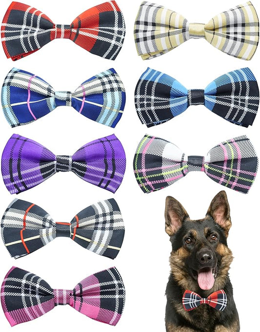PET SHOW 8 Pack Plaid Big Dogs Collar Bow Ties for Medium Large Dogs Collar Charms Accessories Slides Attachment Bowties for Birthday Wedding Parties Assorted