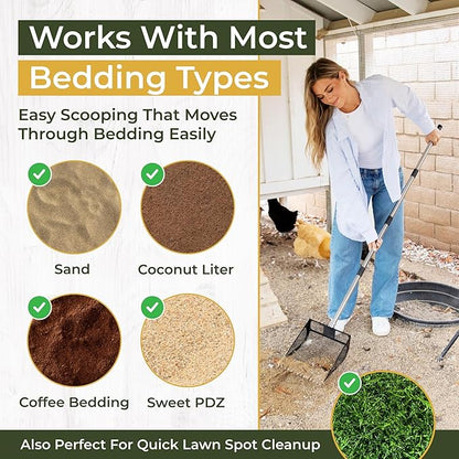 2-in-1 Chicken Coop Poop Scooper and Rake - Metal Sand Sifting Litter Scoop Shovel with Angled Basket and Micro-Sized Diamond Mesh to Catch The Smallest Farm Animal Droppings - Adjustable 12" to 53"