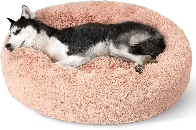 Bedsure Calming Dog Bed for Large Dogs - Donut Washable Large Pet Bed, 36 inches Anti-Slip Round Fluffy Plush Faux Fur Dog Bed, Fits up to 80 lbs Pets, Pink