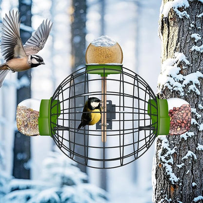 LONA Squirrel Proof Bird Feeding Cage for Outdoor All-Weather Metal Caged Bird Feeder with Peanut Butter Jar Holder, Trapeze Stick, Chew-Proof Feeding Cage for Small Birds (Round Cage, 3 Feeding Units