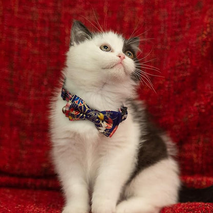 Collar for Cat Pet Breakaway with Bell Bowtie Detachable Bow Adjustable Safety Kitten Puppy Girl Boy 2pcs Navy Blue & Red
