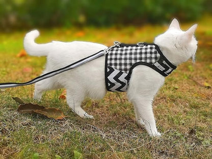 Cat Harness and Leash for Walking Escape Proof, Adjustable Cat Vest Harness, Padded Stylish Cat Walking Jackets, Black Plaid, XX-Large