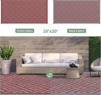 GENIMO Outdoor Rug for Patio Clearance, 10'x20' Reversible Plastic Straw Rugs, Lightweight Waterproof RV Camping Mat for Camper, Balcony, Deck, Backyard, Picnic, Red Grey