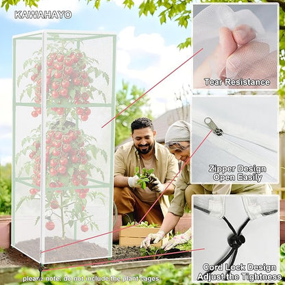 Garden Bird Netting Plant Cover for Square Tomato Cage, 59" x 17.7" Insect Barrier Tomato Cage Net with Zipper and Drawstring, Tomato Trellis Netting Protection Cover for Protecting Plant (3 Pack)