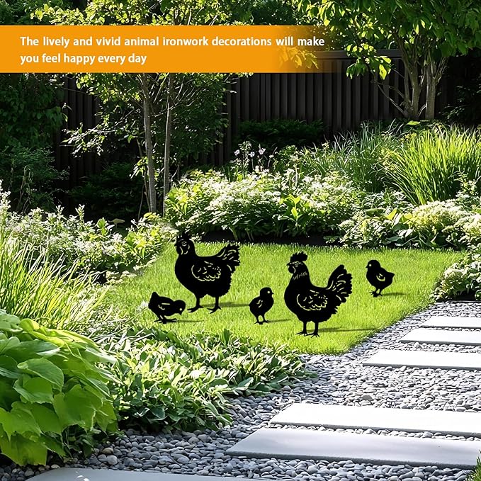 5 Pack Chicken Metal Garden Decorative Stakes, Weather Proof Silhouette Statues for Yard, Patio,Outdoor Decor for Chicken Lovers and Pet Owners