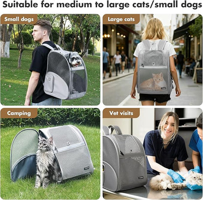 Pet Backpack Carrier ，Large Cat Carrier Backpack Up to 20 Lbs with Breathable Mesh, for Medium Large Cats or Small Dogs, Travel Hiking Camping Backpack (Gray-XL)