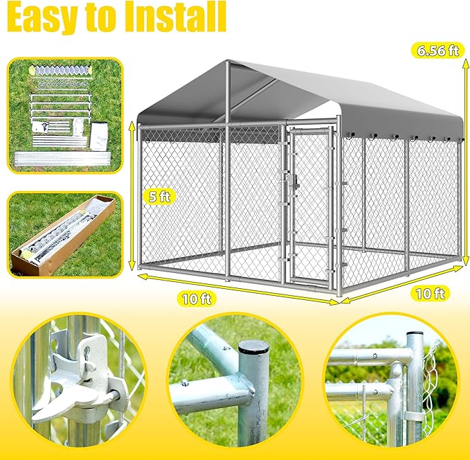 10 x 10 x 6 ft Outside Dog Kennel Outdoor Large with Roof, Enclosure with Roof, Outdoor Heavy Duty Dog Run Pens House Pet Playpen with Galvanized Chain Link