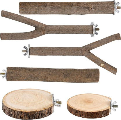 6 PCS Bird Perch Set, Natural Birch Wood Straight & Forked Perches with Platforms for Parakeets, Cockatiels, Conures, Lovebirds - Cage Accessories for Climbing & Exercise