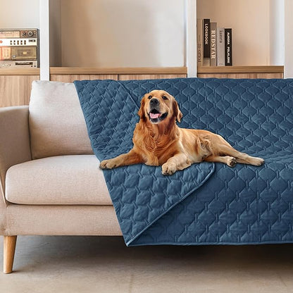 gogobunny 3X Stronger Waterproof Pet Blanket, Scratch Proof Furniture Protector for Dogs Cats, Reversible Cover 82x82 Inch, Dark Blue
