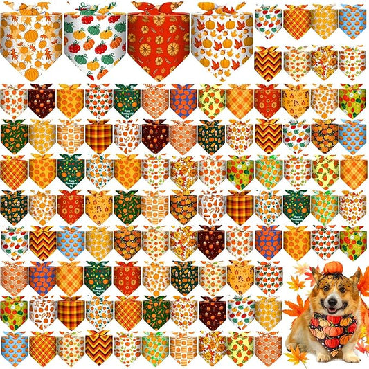 Sanwuta 120 Pcs Thanksgiving Fall Bandanas for Dogs Bulk Pumpkin Maple Leaf Triangle Dog Bandana Autumn Washable Pet Scarves Adjustable Bibs for Small and Medium Pets, 30 Styles