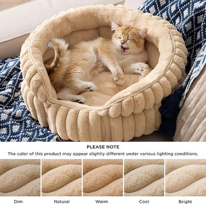 Bedsure ComfyFleece™ Cat Bed, Washable Round Cute Cat Beds for Indoor Cats, Super Soft Corduroy Pet Bed for Puppy and Kitten with Anti-Slip Bottom, 23''x23''x8.5'', Sandy Beige