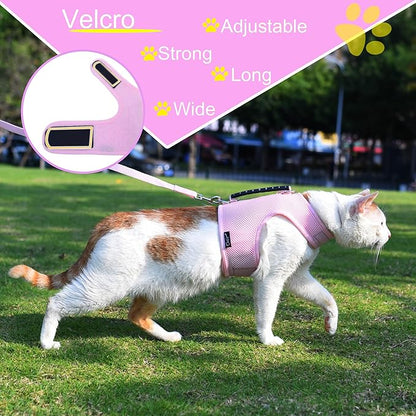 Cat Harness and Leash for Walking Escape Proof Breathable Mesh Fabric, Solid Pink, Medium, Adjustable Cat Walking Jackets with Handle, Padded Stylish Cat Vest