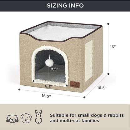 Bedsure Cat Beds for Indoor Cats - Large Cat Cave for Pet Cat House with Fluffy Ball Hanging and Scratch Pad, Foldable Cat Hideaway, 16.5x16.5x13 inches, Brown