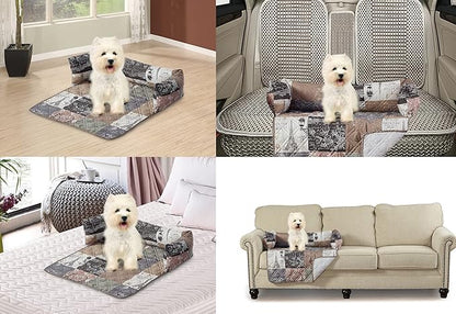 Brilliant Sunshine Quilted Calming Dog Bed Mat, Removable Washable Cover, Cushion Protector and Couch Covers for Dogs, Pets, Cats, Small, Latte Grey Paris and Toile Floral Patchwork