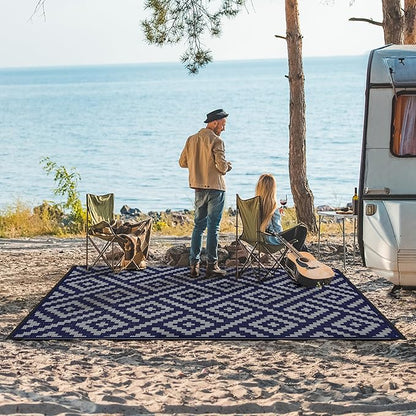GENIMO Outdoor Rug for Patio Clearance, 9'x12' Waterproof Camping Mat, Reversible Plastic Straw Rugs for RV, Camper, Balcony, Backyard, Picnic, Deck (Blue & Grey)