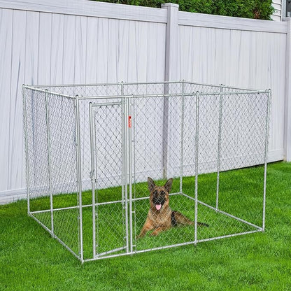 Lucky Dog 10' x 10' x 6' Heavy Duty Outdoor Welded Galvanized Steel Chain Link Dog Kennel Enclosure with 2 Configurations and Latching Door, Silver