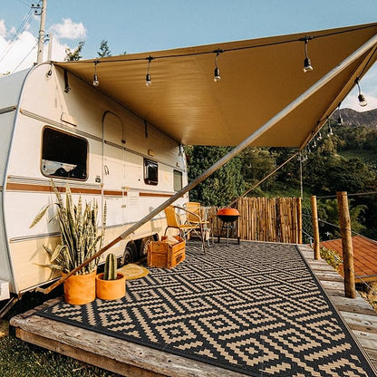 GENIMO Outdoor Rug for Patio Clearance, 8'x16' Waterproof Camping Mat, Reversible Plastic Straw Rugs for RV, Camper, Balcony, Backyard, Picnic, Deck, Black & Brown