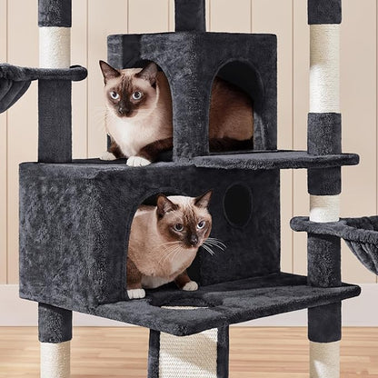 Yaheetech 76.5in Multi-Level Large Cat Tree, Big Cat Tower with 3 Condos, Cozy Plush Perches, 9 Sisal Scratching Posts and Ladder, Activity Center for Large Kitties, Black