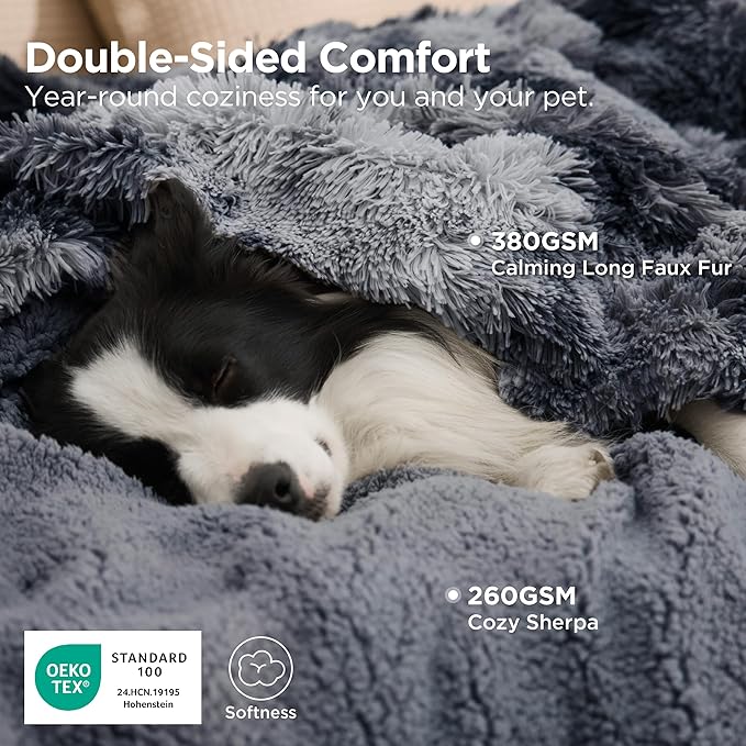Bedsure Waterproof Dog Blankets for Large Dogs - Cat Blanket for Couch Protector Washable Long Faux Fur,Calming Soft Reversible Throw Furniture Protection for Puppy Pet, 40"x50", Tie-dye Grey