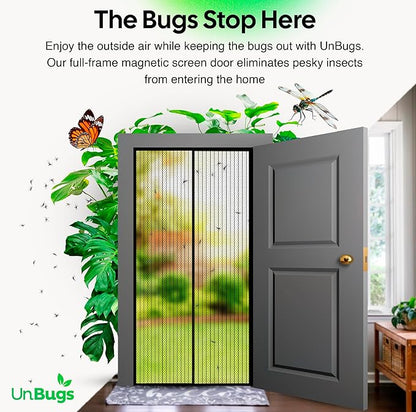 UnBugs Magnetic Screen Door - Fits Doors up to 38 x 82 Inches MAX - Pet & Kid Friendly, Self-Closing - Hands Free Magnet Closure Keeps Bugs Out & Breeze in