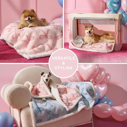 LE SURE Waterproof Puppy Blanket for Small Dogs - Washable Double Sided Dog Blankets with Warm Jacquard Shag and Soft Sherpa Fleece, Pet Cat Blanket for Couch Protection, Bow Design，Pink Taffy
