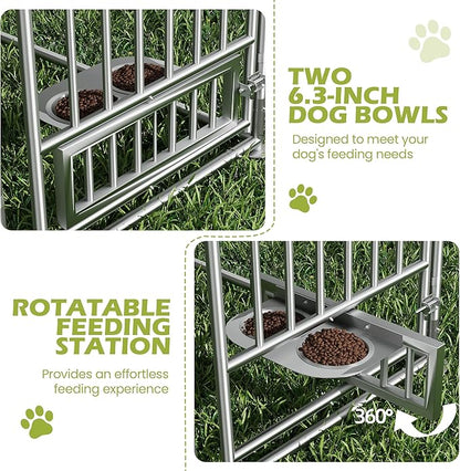 15FTx15FT Outdoor Dog Kennel with Roof, Outside Dog Run Fence with Rotated Dog Bowls, Large Dog House Pen Enclosure with Secure Lock&Textilene Door