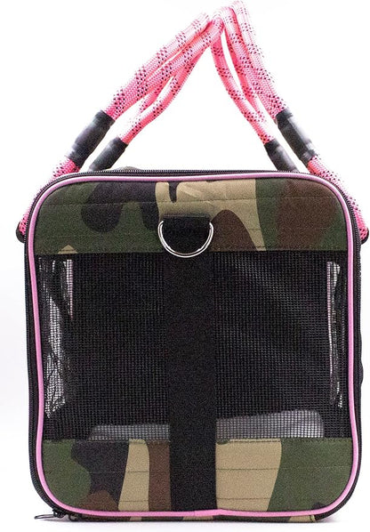 Buddy's Best Airline Approved Pet Carrier – Army Camo & Pink Heavy Duty, Fits Under Seat, TSA Compliant, Ventilated Mesh Design w/Waterproof Base & Reflective Safety Strips