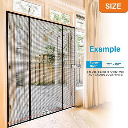 Double Door Fiberglass Magnetic Screen Door，Screen Door Mesh，Keep Bugs Out, Heavy-Duty Mesh Curtain,Pet and Kid Friendly, Works with Front Doors, Sliding Doors（72x80 Inch