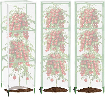 Garden Bird Netting Plant Cover for Square Tomato Cage, 59" x 17.7" Insect Barrier Tomato Cage Net with Zipper and Drawstring, Tomato Trellis Netting Protection Cover for Protecting Plant (3 Pack)