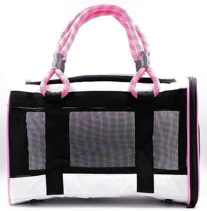 Buddy's Best Airline Approved Pet Carrier – White & Pink Heavy Duty, Fits Under Seat, TSA Compliant, Ventilated Mesh Design w/Waterproof Base & Reflective Safety Strips