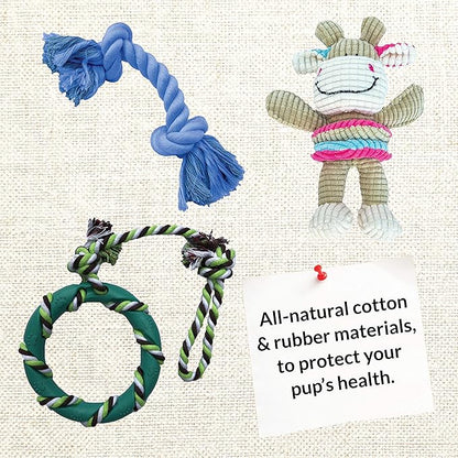 rocket & rex Dog Chew Toy Set for Small to Medium Breeds, Includes All Natural Rubber, Cotton, Ball & Rope Toys, Ideal Puppy Chew Toys for Teething, Reduces Destructive Chewing & Anxiety (Pack of 6)