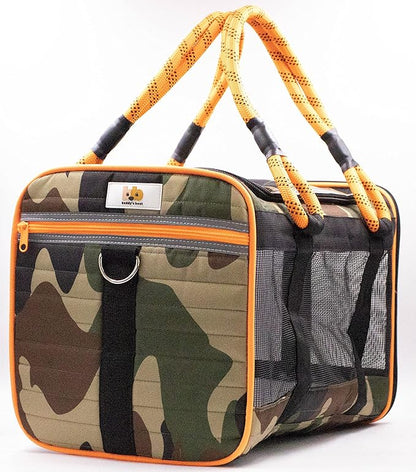 Buddy's Best Airline Approved Pet Carrier – Army Camo & Orange for Dog or Cat, Fits Under Seat, TSA Compliant, Ventilated Mesh Design w/Waterproof Base & Reflective Strips